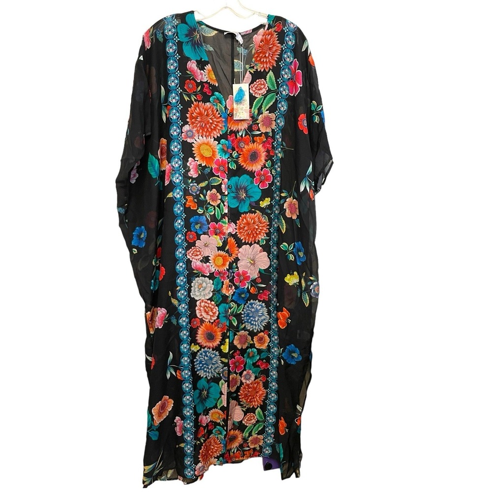 Johnny Was Evening Palace V-neck Kaftan Size S/M Sheer Floral Cover Up NWT